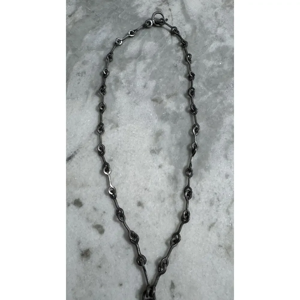 Vintage MCM Denmark Lysgard Pewter Long Brutalist Pendant Necklace 21in